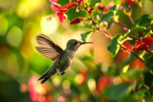 The hummingbird flying in the forest photo