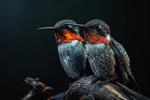 the couple ruby throated standing on the roated in studio isolated on black background photo