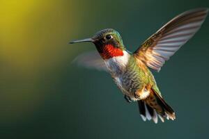 Ruby throated hummingbird flying in the forest photo