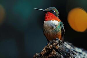 Ruby throated hummingbird standing on the roated photo