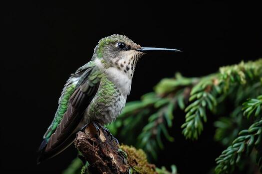 hummingbird standing on the roated in studio isolated on black background photo