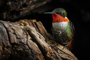 Ruby throated hummingbird on the roated in studio isolated on black background photo
