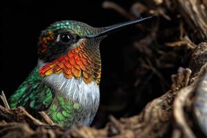Ruby throated hummingbird on the roated in studio isolated on black background photo