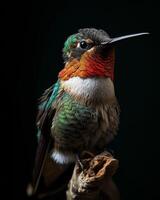 Ruby throated hummingbird on the roated in studio isolated on black background photo