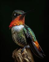 Ruby throated hummingbird on the roated in studio isolated on black background photo