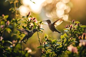 The couple hummingbird flying in the forest photo