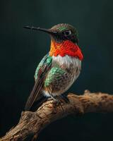 Ruby throated hummingbird on the roated in studio isolated on black background photo