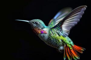 The hummingbird flying in the studio isolated on black background photo