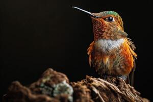 The hummingbird on the roated in studio isolated on black background photo