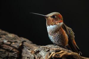 The humming bird on the roated in studio, isolated on black background photo