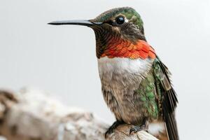 Ruby Throated hummingbird on the roated in studio isolated on white background photo