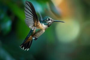 The humming bird flying in the forest photo