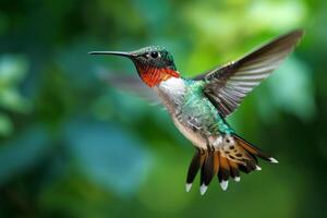Ruby Throated hummingbird flying in the forest photo