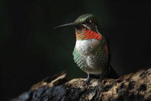 Ruby Throated hummingbird on the roated in studio isolated on black background photo