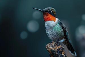 Ruby Throated hummingbird on the roated in studio photo