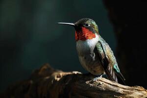 Ruby Throated hummingbird on the roated in studio isolated on black background photo