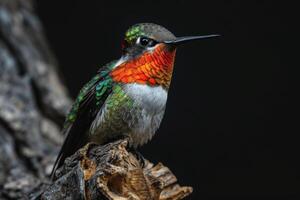 Ruby Throated hummingbird on the roated in studio isolated on black background photo