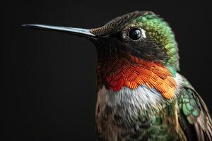 Ruby Throated hummingbird in studio isolated on black background photo