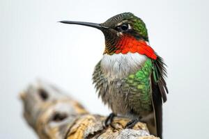 Ruby Throated hummingbird on the roated in studio isolated on white background photo