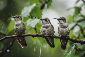 Three Ruby throated hummingbird in rainfall on the roated photo