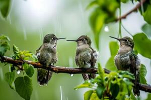 Three Ruby throated hummingbird in rainfall on the roated photo