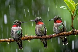 Three Ruby throated hummingbird in rainfall on the roated photo