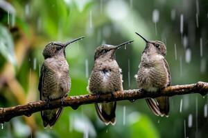 Three Ruby throated hummingbird in rainfall on the roated photo