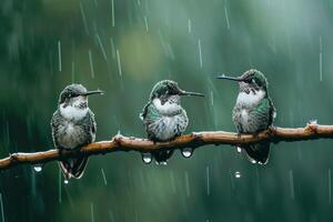 Three Ruby throated hummingbird in rainfall on the roated photo