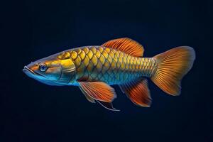 Golden arowana fish on black background photo