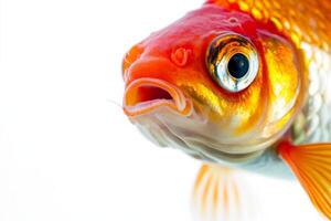 A close up of a goldfish with its mouth open photo