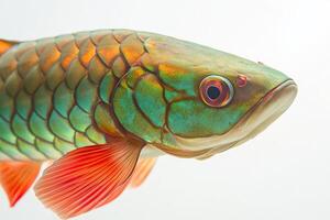 A fish with a long tail and a bright orange and green body photo