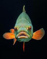 A fish with a big mouth and orange fins photo