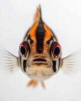 A close up of a fish with red eyes photo