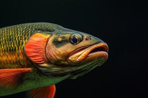 A close up of a fish with a red and orange face photo