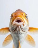 A close up of a goldfish with its mouth open photo