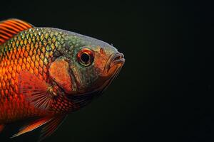 A close up of a fish with a black background photo