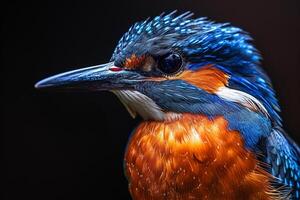 A close up of a bird with a blue and orange head photo