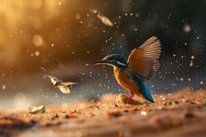 A kingfisher is flying in the air with its wings spread photo
