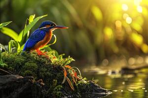 A kingfisher bird is sitting on a mossy rock in the water photo