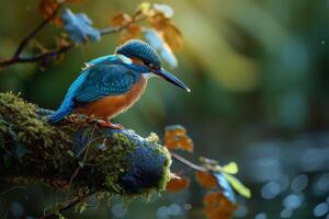 A kingfisher bird is perched on a branch photo