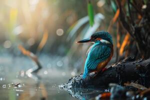 A kingfisher sits on a branch in the water photo