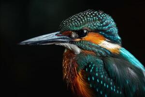 A close up of a kingfisher bird in dark background photo