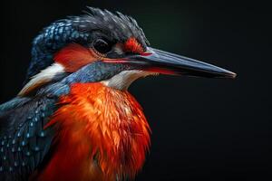 A close up of a bird with bright red, orange and blue feathers photo