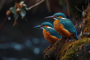 Two kingfishers perched on a mossy branch photo