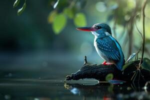 A kingfisher bird is sitting on a branch in the water photo