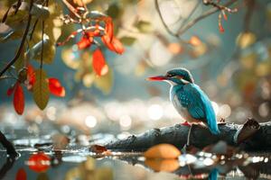 A kingfisher bird sitting on a branch in the water photo