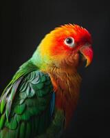 A colorful bird with bright orange and green feathers photo