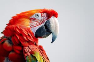 A close up of a red parrot with a white beak photo