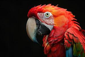 A close up of a red parrot with a black background photo