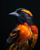 A close up of a bird with orange and black feathers photo